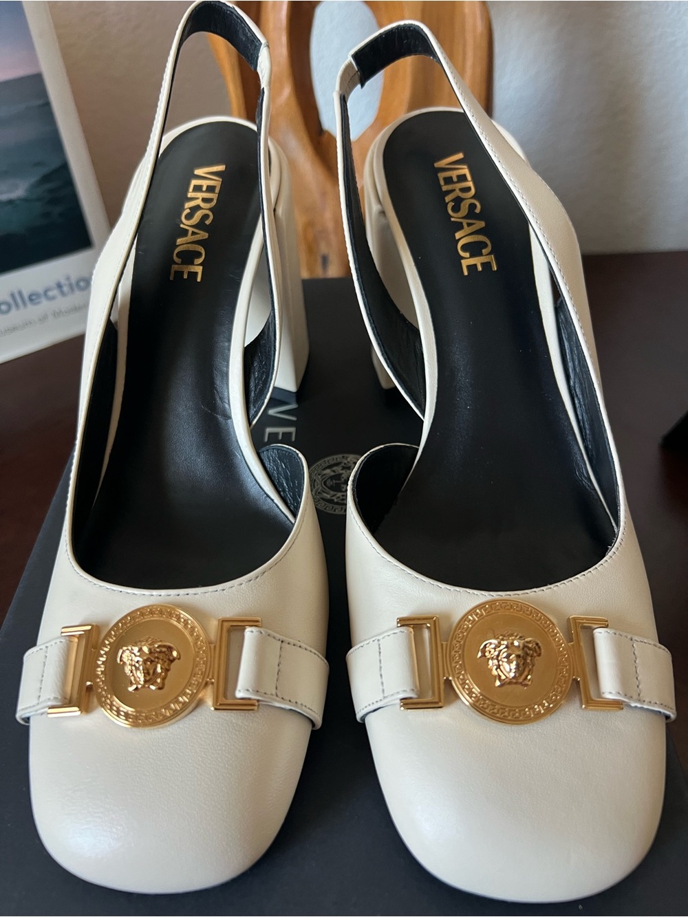 New! Versace Cream Leather Slingback Block Heels with Gold Medusa Detail